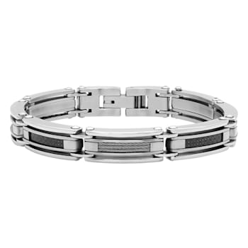Stainless Steel Satin Carbon Fiber & Cable Bracelet