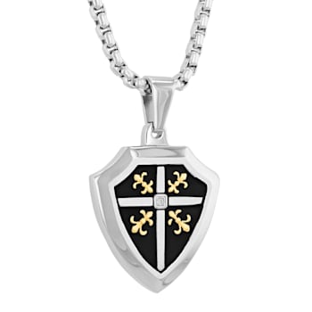 Diamond Accent Stainless Steel Fleur-de-Lis Shield Pendant in Black