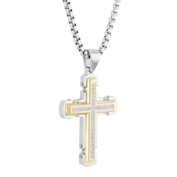 White Diamond Stainless Steel Yellow IP Cross With Chain .25ctw