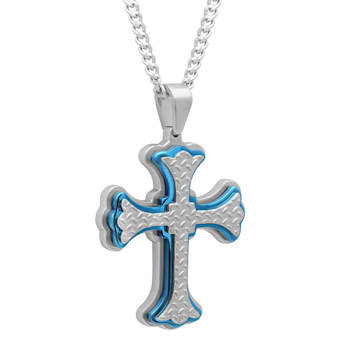 Stainless Steel with Blue Plating Textured Stacked Cross Pendant