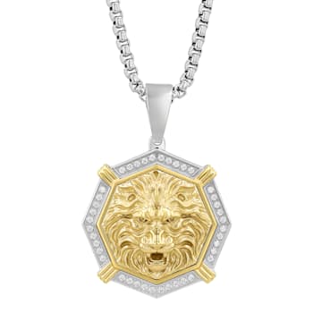 1/4CTW Diamond Stainless Steel Yellow Ion Plated Lion Face Medallion Pendant