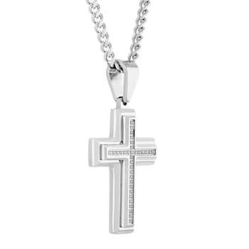 1/10CTW Diamond Stainless Steel Stacked Cross Pendant