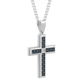 Diamond Accent Stainless Steel Black and Blue Ion Plated Carbon Fiber
Cross Pendant
