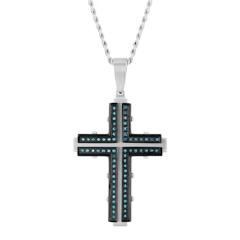 1/3CTW Blue Diamond Two-Tone Stainless Steel Riveted Cross Pendant