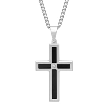 Diamond Accent Stainless Steel Black Enamel Cross Pendant