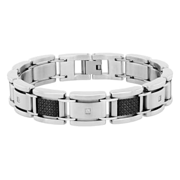 1/10CTW Diamond Stainless Steel Carbon Fiber Link Bracelet
