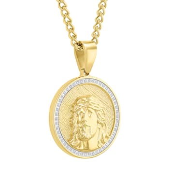 1/4CTW Diamond Stainless Steel Yellow Ion Plated Jesus Face Textured
Background Medallion Pendant
