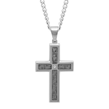 Diamond Accent Stainless Steel White Carbon Fiber Cross Pendant