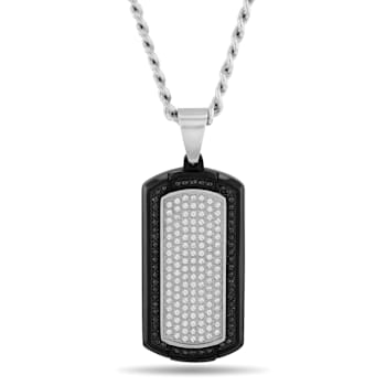 Black and White Diamond Stainless Steel Black IP Dog Tag With Chain 7/8ctw