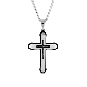 Black Diamond Stainless Steel Black IP Cross With Chain 1/6ctw