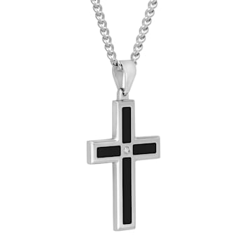 Diamond Accent Stainless Steel Black Enamel Cross Pendant