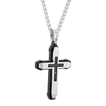 Black Diamond Stainless Steel Black IP Cross With Chain 1/6ctw