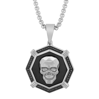 1/4CTW Diamond Stainless Steel Black Ion Plated Skull Medallion Pendant