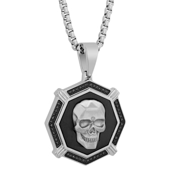 1/4CTW Diamond Stainless Steel Black Ion Plated Skull Medallion Pendant