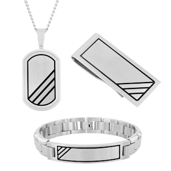 Stainless Steel Geometric Design Dog Tag Pendant, ID Bracelet, and Money
Clip Set