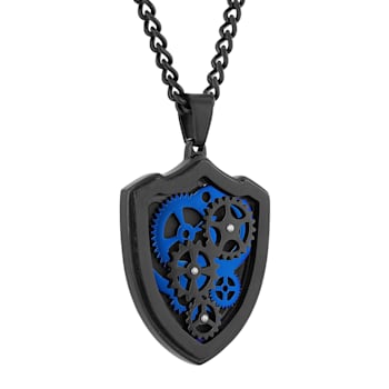 Stainless Steel Black & Blue Ion Plated Gear Shield Pendant