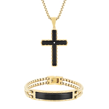 Diamond Accent Two-Tone Stainless Steel Cross Pendant & ID Bracelet Set