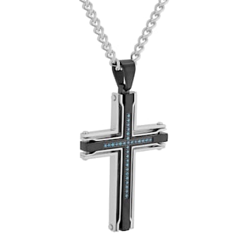 1/6CTW Blue Diamond Stainless Steel Black Ion Plated Stacked Cross Pendant