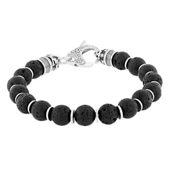 Black Lava Bead and Stainless Steel Bolo Bracelet