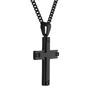 Black Diamond Accent Stainless Steel Black Ion Plated with Forged Carbon
Fiber Cross Pendant