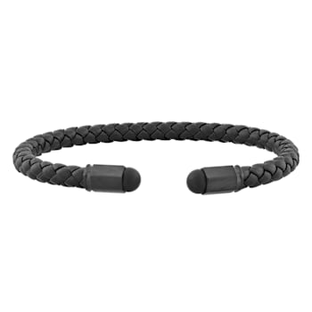Stainless Steel and Black Ion Plated Leather Cuff Bracelet
