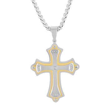 Diamond Accent Stainless Steel Yellow Finish Ion Plated Stacked Cross Pendant