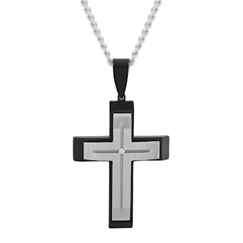 Diamond Accent Stainless Steel Black Ion Plated Stacked Cross Pendant
