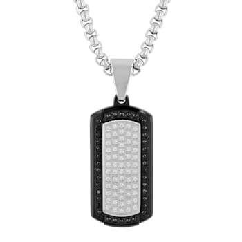 3/8CTW Black and White Diamond Two-Tone Stainless Steel Dog Tag Pendant