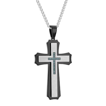 0.12CTW Blue Diamond Two-Tone Stainless Steel Cross Pendant