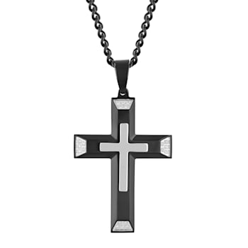1/10CTW Diamond Two-Tone Stainless Steel Cross Pendant