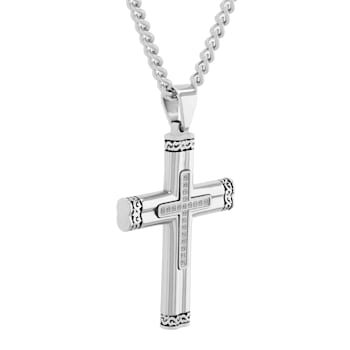 1/10CTW Diamond Stainless Steel Thorn Vine Cross Pendant