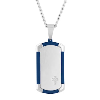 Diamond Accent Stainless Steel Blue Ion Plated Dog Tag Pendant