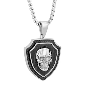 1/2CTW Black Diamond Stainless Steel Black Ion Plated Skull Shield Pendant