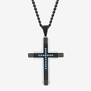 Blue Diamond Stainless Steel Black IP Cross With Chain .10ctw