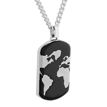 Stainless Steel Black Ion Plated World Map Dog Tag Pendant