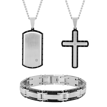 Diamond Accent Two-Tone Stainless Steel Dog Tag, Cross Pendant, &
Bracelet Set