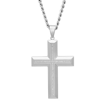 1/4CTW Diamond Stainless Steel Beveled Cross Pendant