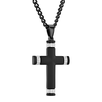 1/10CTW Diamond Stainless Steel with Black Plating Grooved Cross Pendant