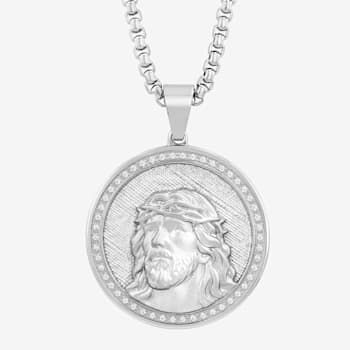 1/4CTW Diamond Stainless Steel Jesus Face Textured Background Medallion Pendant