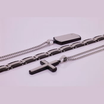 Diamond Accent Two-Tone Stainless Steel Dog Tag, Cross Pendant, &
Bracelet Set