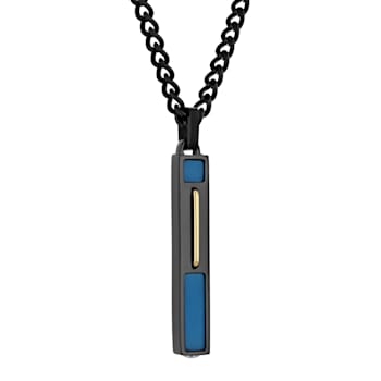 Black Stainless Steel Vertical Bar Pendant with Blue and Gold Tone Accents