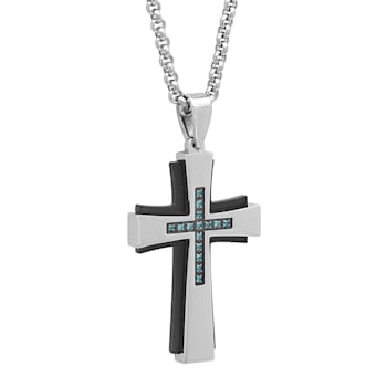 1/8CTW Blue Diamond Stainless Steel Cross Pendant