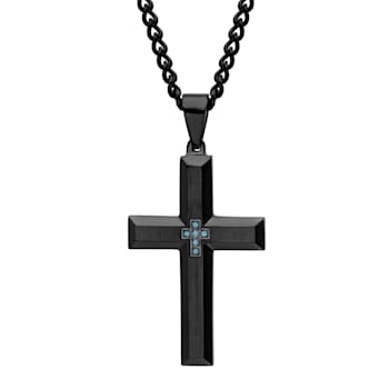 Blue Diamond Accent Stainless Steel Black Ion Cross Plated Pendant