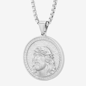 1/4CTW Diamond Stainless Steel Jesus Face Textured Background Medallion Pendant
