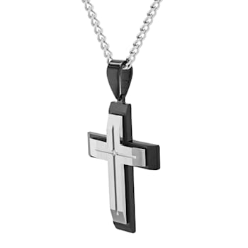 Diamond Accent Stainless Steel Black Ion Plated Stacked Cross Pendant
