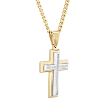 White Diamond Stainless Steel Yellow IP Cross With Chain .10ctw