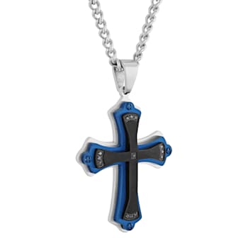 Diamond Accent Stainless Steel Black and Blue Ion Plated Cross Pendant