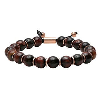 Rose Ion Plated Stainless Steel and Red Tiger Eye Bead Bolo Bracelet