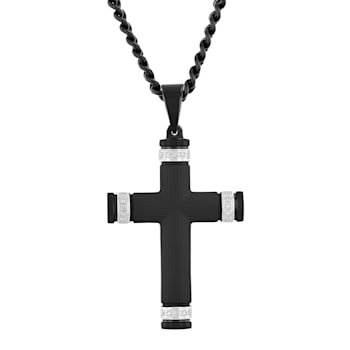 1/10CTW Diamond Stainless Steel with Black Plating Grooved Cross Pendant
