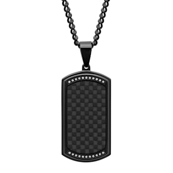 1/8CTW Diamond Stainless Steel Black Ion Plated Carbon Fiber Dog Tag Pendant